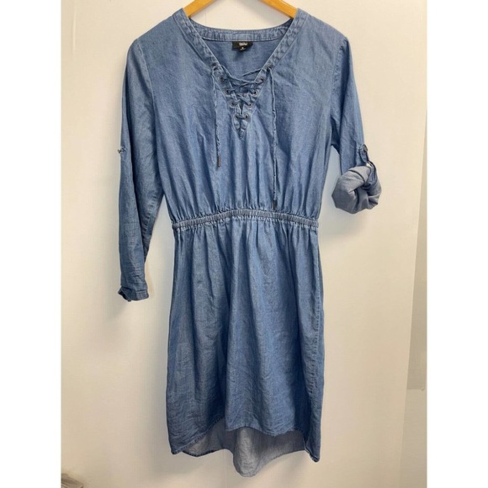 Mossimo Women's‎ S Blue Denim Roll-up Sleeve Dress Low-High Lace-up Neck
